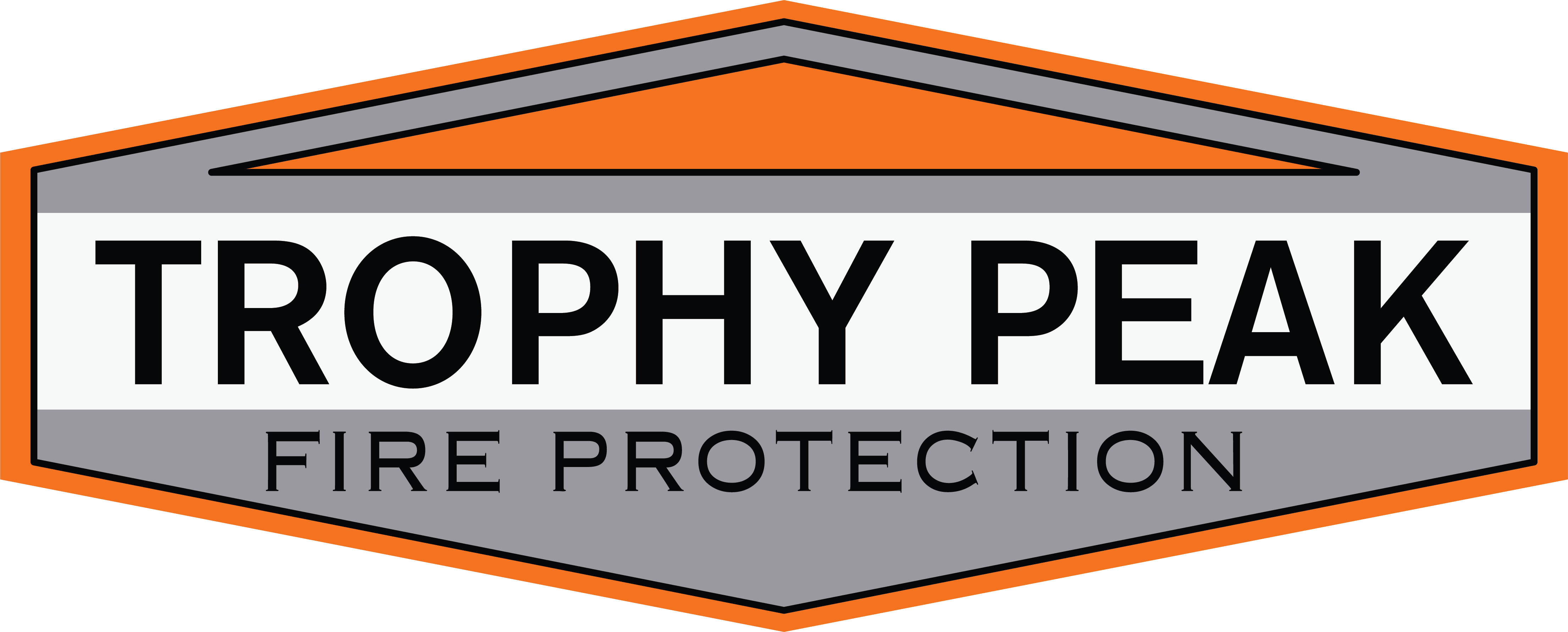 Logo of Trophy Peak Fire Protection featuring a hexagonal shape with an orange and gray color scheme, bold black text reading 'Trophy Peak' and smaller text below reading 'Fire Protection