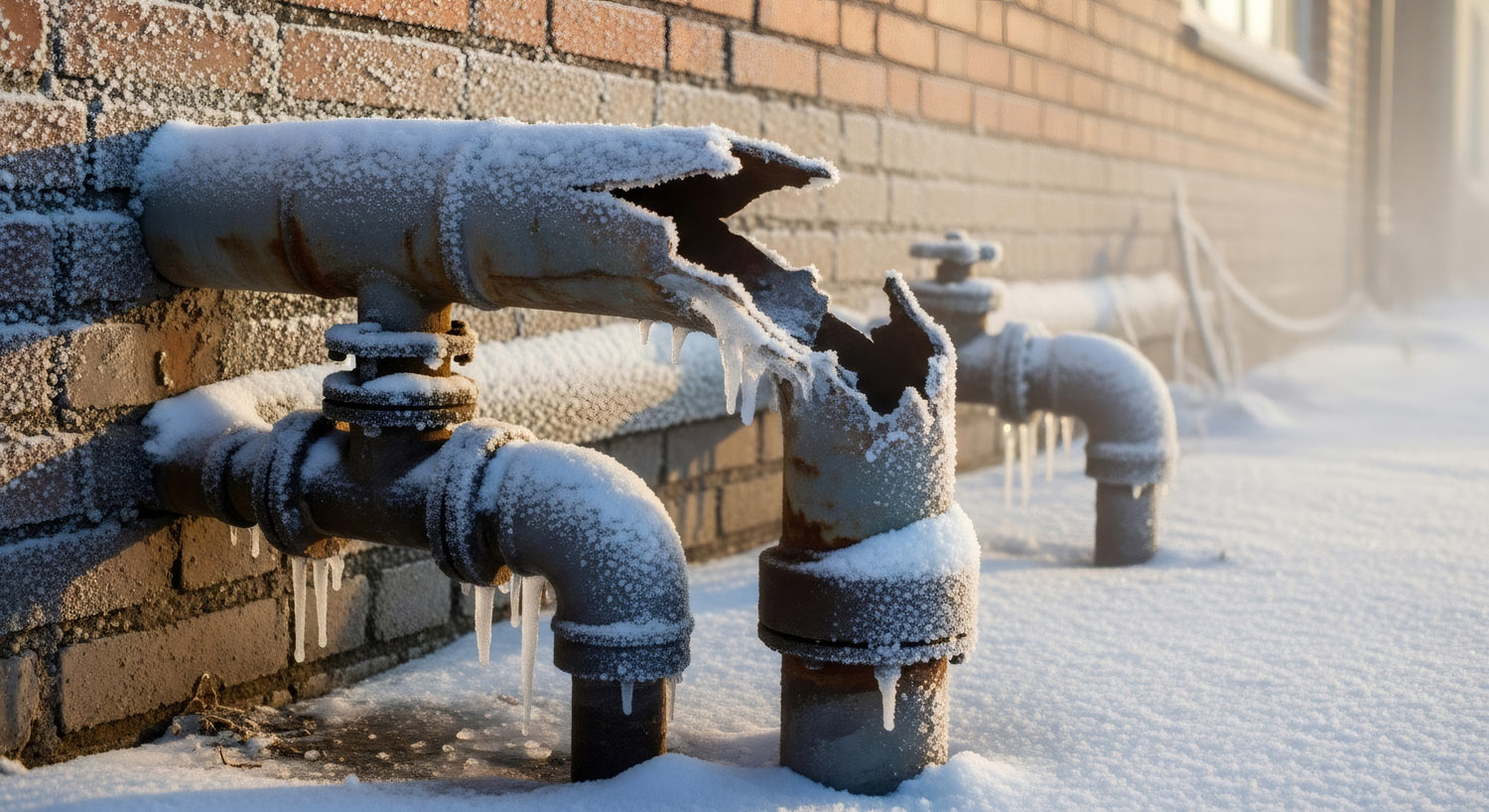 Frozen broken water pipe with ice buildup, illustrating the importance of winter backflow preparation and fire system winterization.